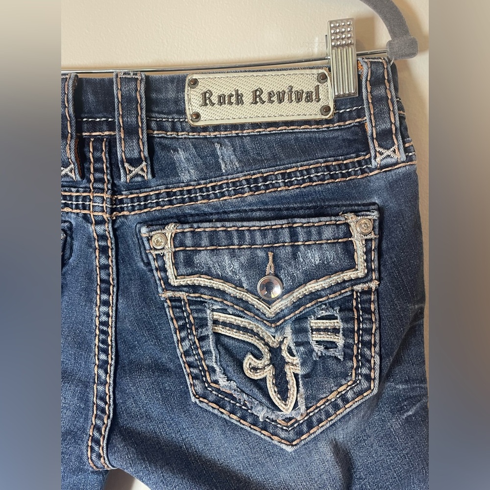 Rock Revival Women's 28 Embellished Low Rise Distressed Crop Jeans Y2k Rockstar